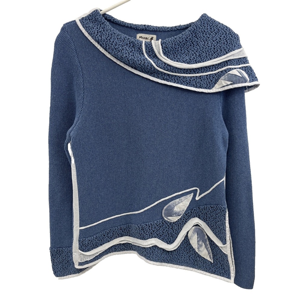 Modas Knitwear Women's Sweater Pullover Blue L Cotton Blend White Appliques